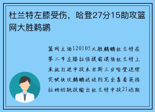 杜兰特左膝受伤，哈登27分15助攻篮网大胜鹈鹕