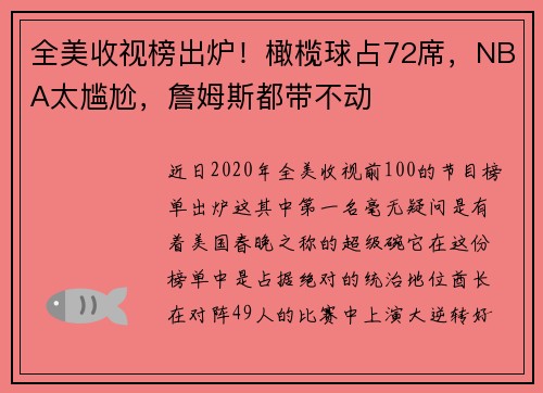 全美收视榜出炉！橄榄球占72席，NBA太尴尬，詹姆斯都带不动